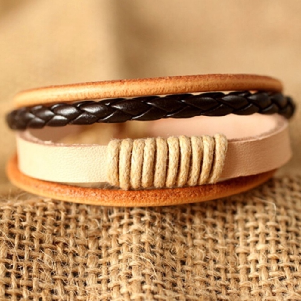 Multilayer Brown Braided Leather Cuff Bracelet - Picture 1 of 5